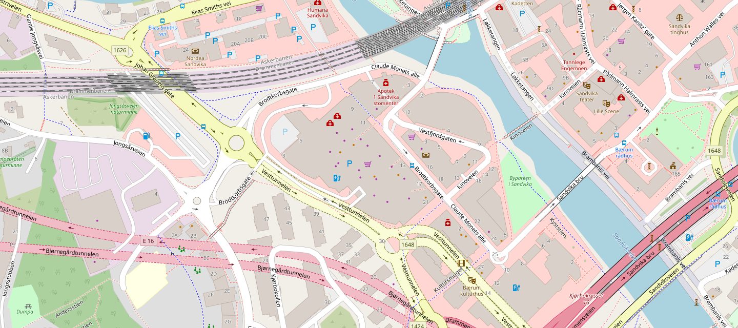 Kart over Sandvika sentrum med Sandvika Storsenter, Brodtkorbsgate 7, markert